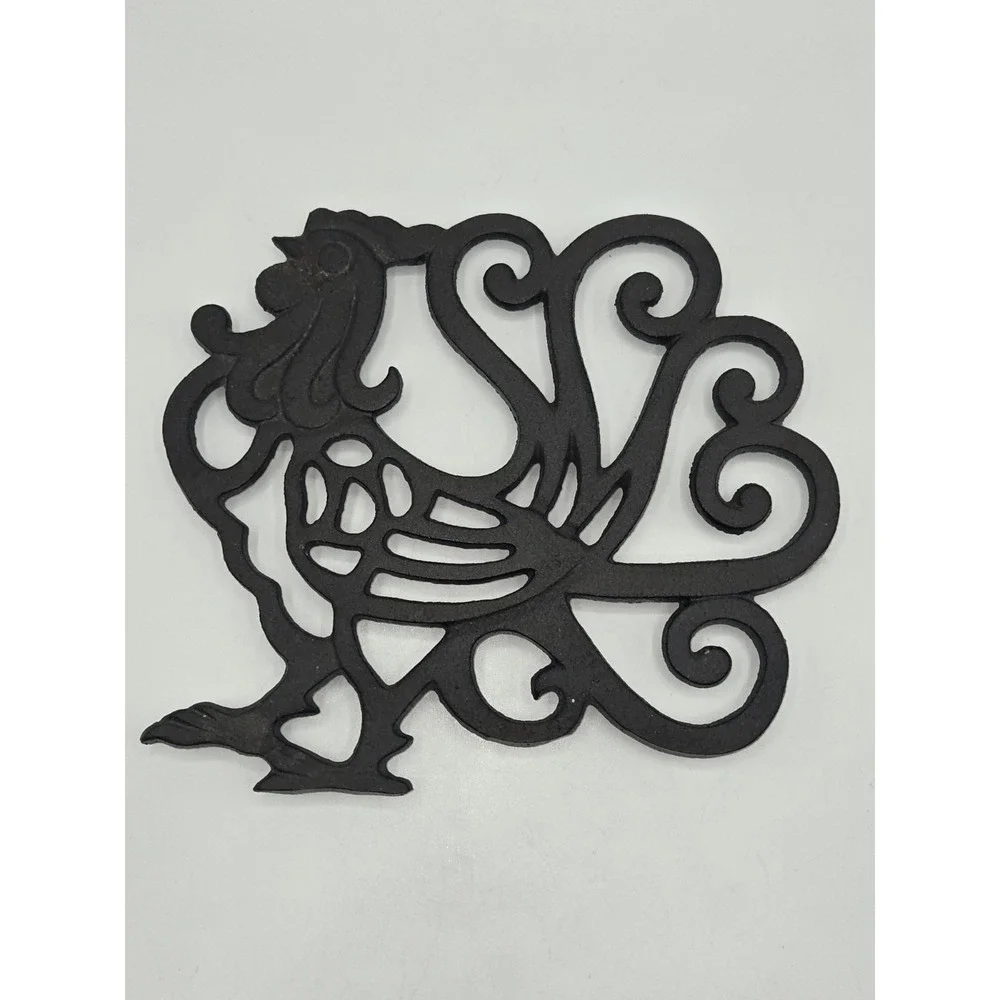 Vintage Cast‎ Iron Rooster Trivet Black Scrollwork Chicken Hot Plate Wall Decor